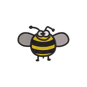 May include: A cartoon bee with black eyes, a yellow and black striped body, and gray wings. The bee is smiling and has two small legs.