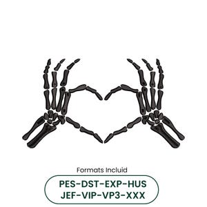May include: A black machine embroidery design featuring two skeleton hands positioned to form a heart shape. Below the hands, the text reads: Formats Incluid PES-DST-EXP-HUS JEF-VIP-VP3-XXX. The design is rendered in a dark thread color.