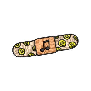 Könnte beinhalten: Ein beiger Stoffverband mit einem gelben Smiley-Muster und einer schwarzen Musiknote in der Mitte.