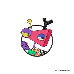Puede incluir: Un diseño abstracto colorido con un triángulo rosa con un ojo azul, una forma morada con un círculo amarillo y una forma rayada en blanco y negro. El diseño está rodeado por un círculo negro.