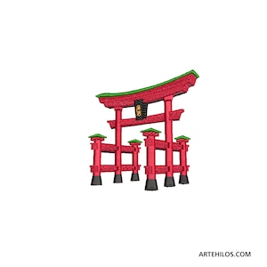 Diseño de bordado japonés, diseños de bordado a máquina de moda, archivos de bordado pagoda, arte japonés, puerta torii, arte asiático