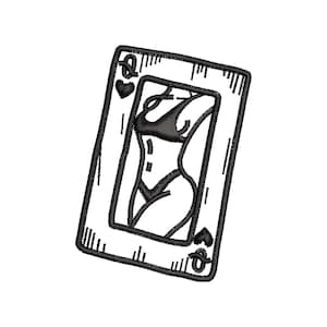 Puede incluir: Una ilustración en blanco y negro de una carta de juego con un símbolo de reina de corazones y una figura en traje de baño dentro de la carta.