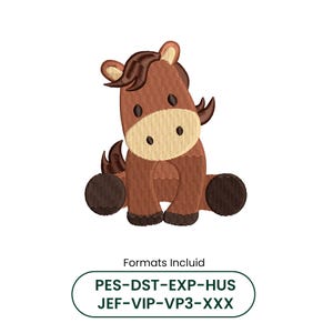 Puede incluir: Un diseño de bordado de un caballo marrón con hocico color crema, crin marrón oscuro y cascos marrón oscuro. Debajo del caballo, el texto dice: Formats Incluid PES-DST-EXP-HUS JEF-VIP-VP3-XXX. El diseño presenta texturas bordadas.