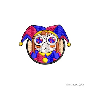 May include: Embroidered patch of a cartoon jester with a red and blue hat, large eyes, and a sad expression. The jester is wearing a pink and blue costume with a yellow collar.