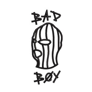 Puede incluir: Ilustración en blanco y negro de una figura enmascarada con las palabras "BAD BOY" arriba y abajo de la figura.
