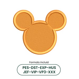May include: A golden yellow machine embroidery design featuring a circular head shape with two rounded ears. Below the icon, the text reads Formats Incluid followed by the list PES-DST-EXP-HUS JEF-VIP-VP3-XXX in dark green letters.