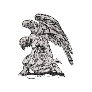 Puede incluir: Diseño bordado de un ángel arrodillado con alas grandes y detalladas. El ángel está representado en una escala de grises, con sombreado y textura intrincados. El ángel está arrodillado con la cabeza inclinada y parece llevar una túnica.
