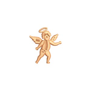 Puede incluir: Un ángel bordado en oro con un halo y alas. El ángel está de pie con las alas extendidas y la cabeza inclinada hacia un lado.