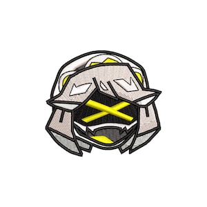 May include: Embroidered patch featuring a white and gray helmet with a yellow X over the eyes. The helmet has a black outline and yellow accents.