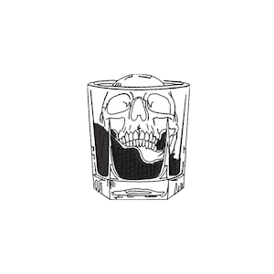 Puede incluir: Ilustración en blanco y negro de una calavera dentro de un vaso transparente facetado. La calavera está detallada con dientes y cuencas de los ojos visibles, y el vaso está parcialmente lleno de un líquido oscuro. El diseño es simple y gráfico.