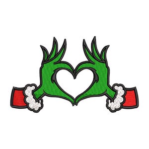 May include: Green hand puppet making a heart shape with its fingers. The puppet is wearing a red and white Santa hat.