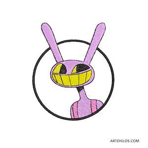 Puede incluir: Un conejo rosa de dibujos animados con ojos amarillos y una amplia sonrisa dentro de un círculo negro. El conejo tiene orejas largas y un cuerpo rosa.