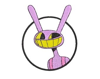 May include: A pink cartoon bunny with yellow eyes and a wide smile inside a black circle. The bunny has long ears and a pink body.