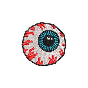 Puede incluir: Parche bordado de un ojo blanco grande con iris azul y pupila negra. El ojo está rodeado de líneas rojas y dentadas que se asemejan a la sangre.