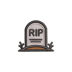 May include: A black and white embroidered patch of a tombstone with the word "RIP" on it. The tombstone is surrounded by two small green bushes.