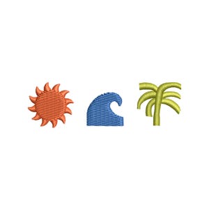 Puede incluir: Parches bordados con un sol, una ola y una palmera. El sol es naranja, la ola es azul y la palmera es verde amarillento. Estos parches son ideales para añadir un tema de playa o verano a la ropa o accesorios.
