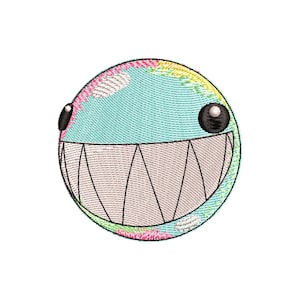 Puede incluir: Una cara sonriente azul y rosa con una gran sonrisa de dientes. La cara es redonda y tiene un patrón colorido.