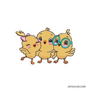 May include: Three yellow chicks with cartoon faces. One chick has a pink bow, one has blue glasses, and one is smiling.