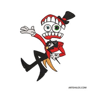Puede incluir: Una ilustración de dibujos animados de un maestro de ceremonias rojo y negro con un sombrero de copa, una boca grande y un ojo verde y un ojo azul. El maestro de ceremonias sostiene un palo y está en una pose de salto.