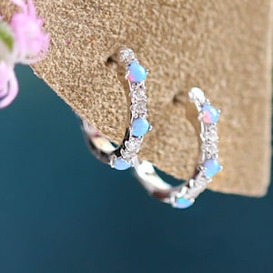 Blue Opal Hoop Earrings • Opal Earrings • Fire Opal Hoop Earrings • Huggie Hoop Earrings • Christmas Holiday Gift • Opal Diamond Earrings