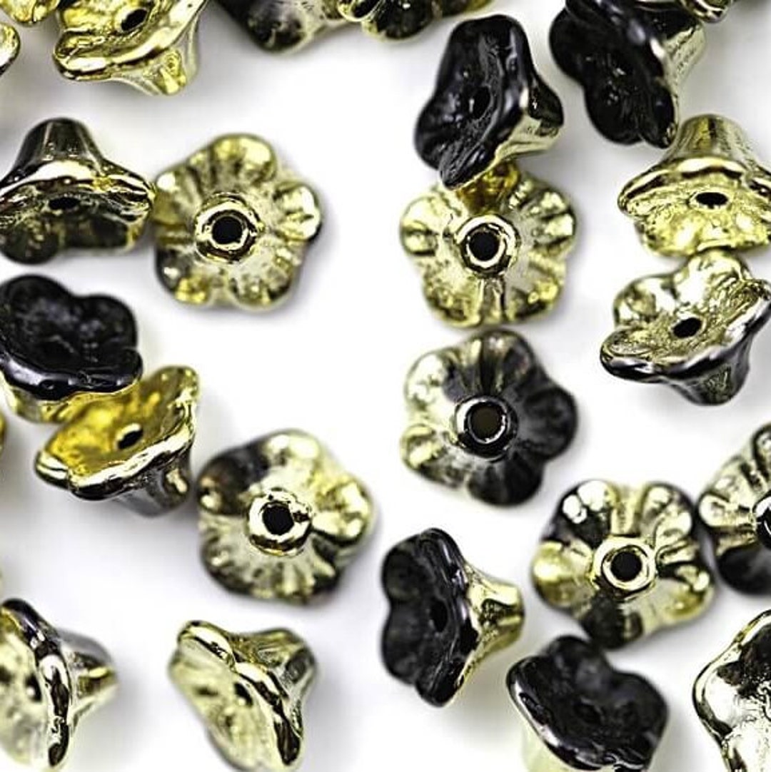 Flower Cup Beads Jet Honey Czech Glass Beads Eldoradobeads Etsy