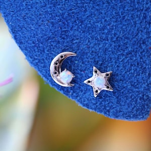 Opal Moon Star Stud Earrings • Star Opal Stud Earrings • Gift for Her • White Opal Earrings • Silver Gold Earrings • Christmas Holiday Gift