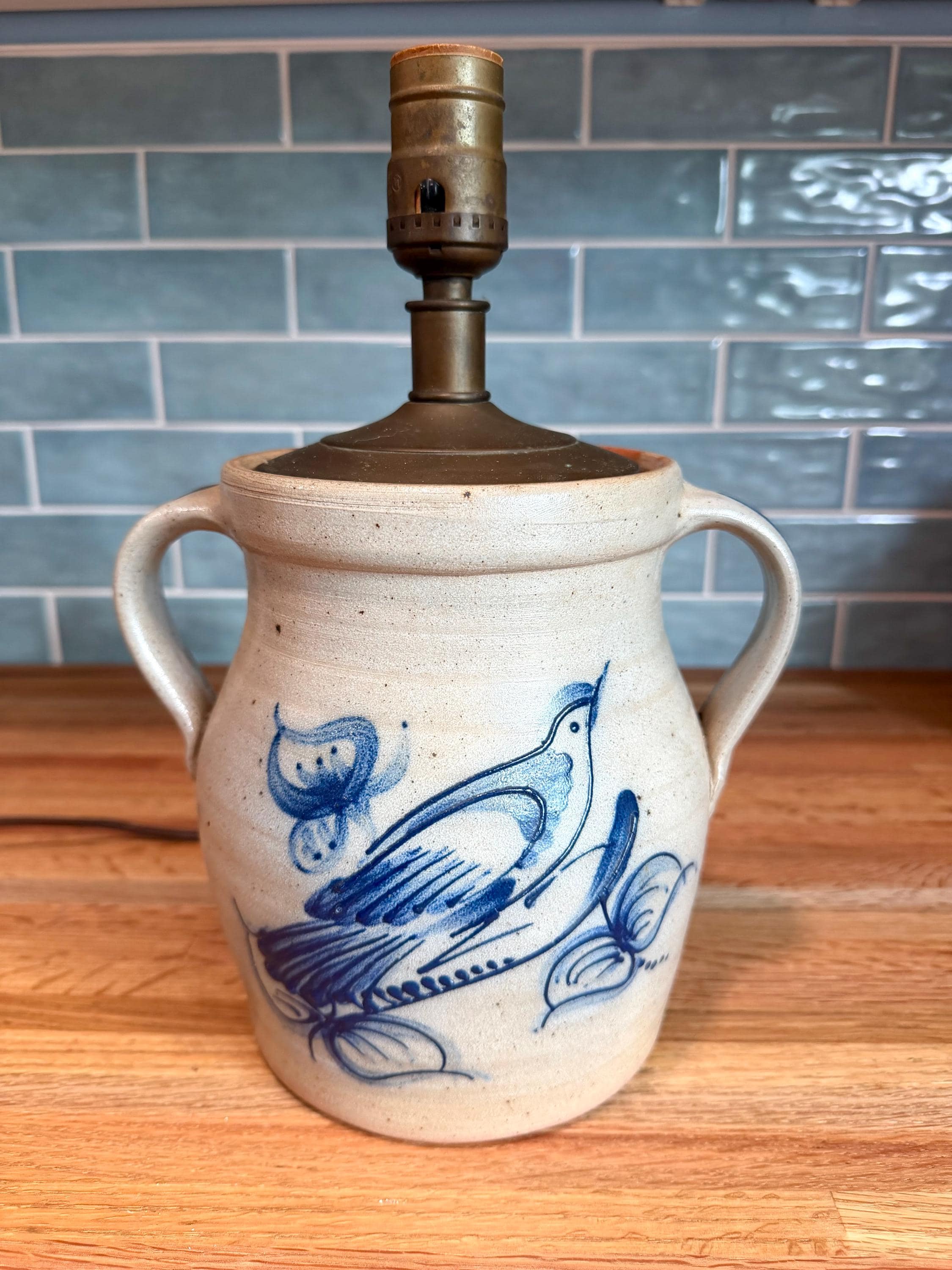 Rowe Pottery Lamp - Hand Painted Cobalt Blue Bird - Gray Salt