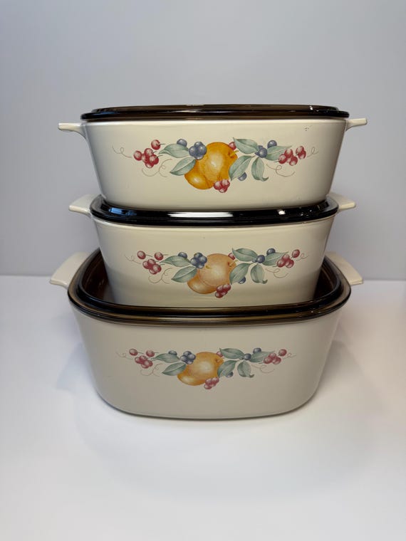 Vintage Corning Ware Abundance Casserole Set – Amber Pyrex Lids - Etsy