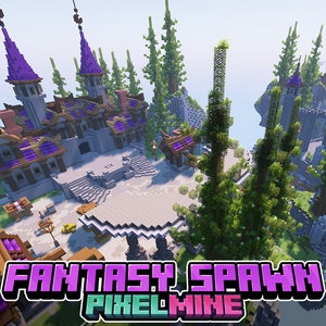 May include: A fantasy-themed Minecraft server spawn featuring a large, grey castle with purple accents, surrounded by trees and floating islands. The text "FANTASY SPAWN PIXELMINE" is displayed in the foreground.