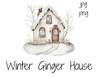 Watercolor Winter Gingerbread House Clipart | Snowy Cottage PNG (Commercial Use)