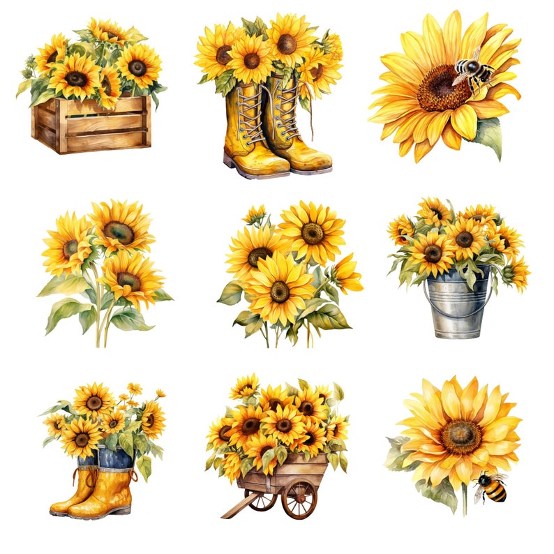 Sunflower Clip Art Bundle Watercolor Sunflowers Farmhouse Sunflowers ...