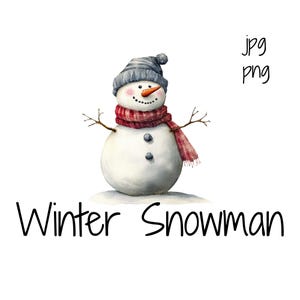 Clipart pupazzo di neve acquerello / PNG pupazzo di neve carino / JPG invernale / Grafica natalizia / Sfondo trasparente / Uso commerciale