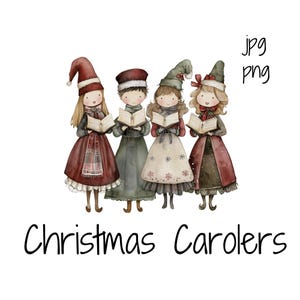 Watercolor Vintage Christmas Caroling Children Clipart | Holiday Clipart |Transparent Background PNG | Commercial Use