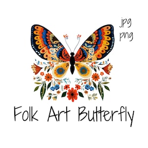 Arte popolare farfalla con fiori PNG / Clipart scandinavo / Sfondo trasparente / JPG / Uso commerciale / FA1