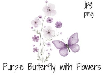 Purple Butterfly Floral Clipart | Watercolor Wildflowers PNG, JPG (Digital Download)