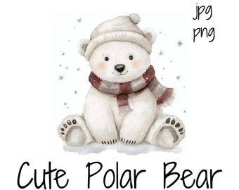 Clipart de oso polar de acuarela / Gráfico digital de invierno / Animal navideño PNG / Fondo transparente PNG / Uso comercial