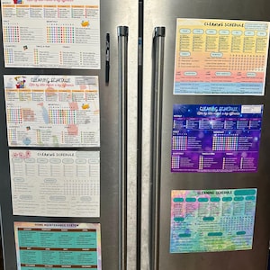 May include: A stainless steel refrigerator with five magnetic cleaning schedule charts and a black dry erase marker attached to the front. The charts feature various colorful designs, checklists, and monthly tracking grids for household maintenance tasks.