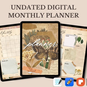 Puede incluir: Un planificador digital con una estética vintage. El planificador incluye un calendario mensual, una lista de tareas y una semana de planificación. El fondo presenta un collage de papel marrón, elementos florales y una mariposa.
