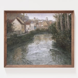 Printable Wall Art – French Riverside Village – Neutral Countryside Landscape  – Digital Download – Timeless Art Print - Cottagecore Style