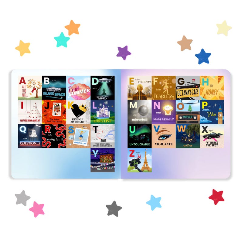 Puede incluir: Un libro abierto con ilustraciones del alfabeto. Cada p&aacute;gina muestra una letra con una imagen y un t&iacute;tulo, como "Cruel Summer" y "Getaway Car". Estrellas decorativas multicolores rodean el libro.