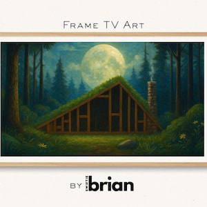 Könnte beinhalten: Gerahmter digitaler Kunstdruck mit einer Hütte mit grünem Dach in einem Wald unter einem Vollmond. Das Kunstwerk hat einen natürlichen Holzrahmen und der Text "Frame TV Art" steht oben. Die Signatur des Künstlers befindet sich unten.
