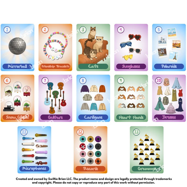 May include: A collection of illustrated cards featuring various themes. The cards include images of a mirrorball, friendship bracelets, cats, sunglasses, polaroids, snow globes, guitars, cardigans, heart hands, dresses, microphones, records, and Grammys.