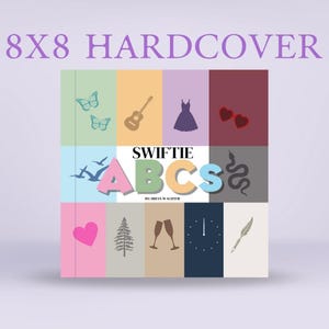 Op de afbeelding: Hardcover boek met een kleurrijk ontwerp. De omslag toont een raster met illustraties van vlinders, een gitaar, een jurk en andere symbolen. De titel "Swiftie ABCs" staat prominent weergegeven.