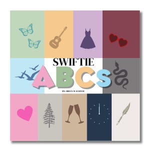 Könnte beinhalten: Eine farbenfrohe Grafik mit dem Wort "SWIFTIE" und den Buchstaben "ABCS" sowie Illustrationen. Dazu gehören Schmetterlinge, eine Gitarre, ein Kleid, herzförmige Sonnenbrillen, Vögel, eine Schlange, ein Herz, ein Baum, Sektgläser, eine Uhr und eine Feder.