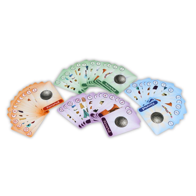 May include: A collection of playing cards fanned out in a semi-circle. Each deck has a different color, including orange, green, purple, and blue. Each card features a golf ball graphic and various illustrations. The cards are arranged on a white background.