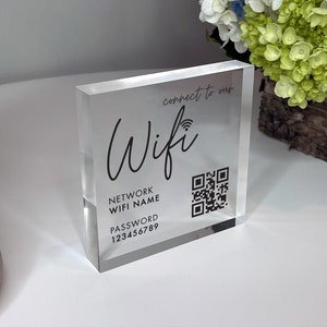 QR Code WiFi Acrylic Block with Network Name, Password for Home & Airbnb Rental, Sign for Small Business Office Signage, Salon Spa Wifi