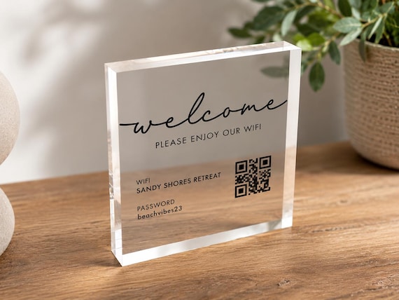 Personalized Acrylic WiFi Sign for Airbnb, Vacation Rental, Guest Room | Scannable QR Code | Business Office Salon Doctor Clinic Shop Decor
