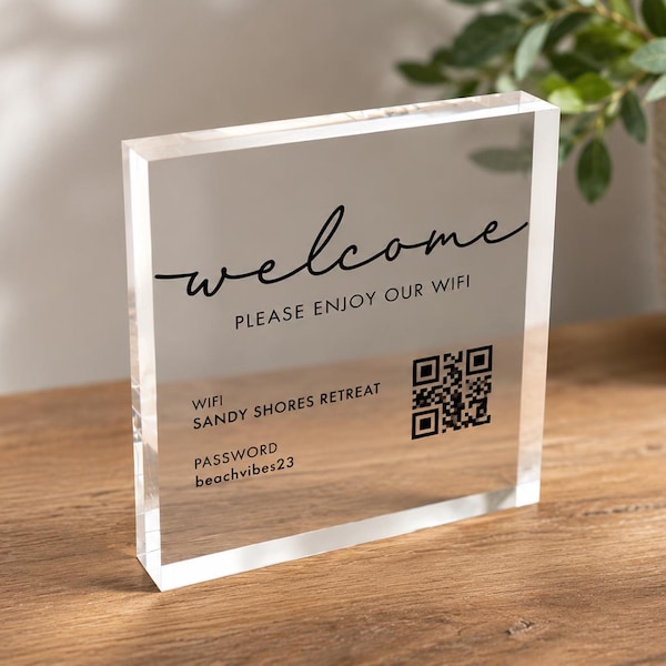 Personalized Acrylic WiFi Sign for Airbnb, Vacation Rental, Guest Room | Scannable QR Code | Business Office Salon Doctor Clinic Shop Decor