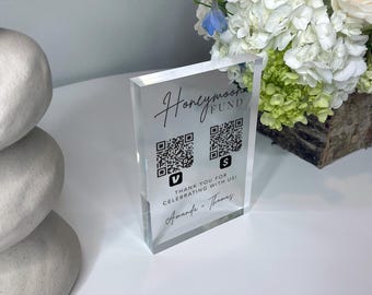 Wedding QR Code Sign, QR Code Donation Sign, Honeymoon Fund, Acrylic Block, Reception Table Sign, Wedding Reception, Minimalist Decor