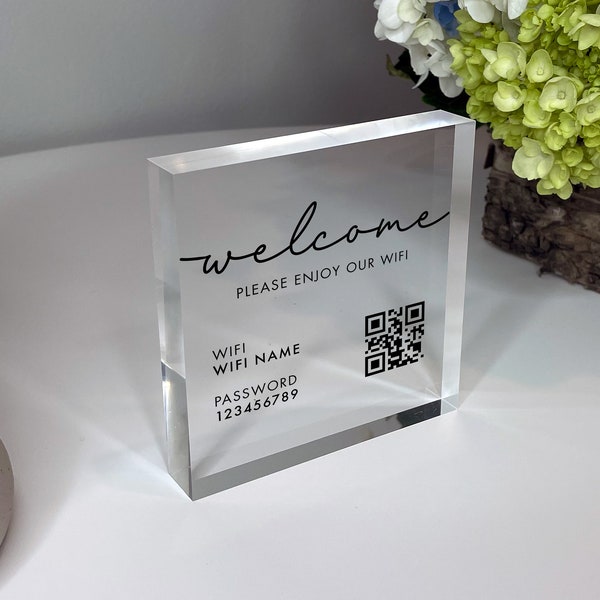 Personalized WiFi Acrylic Block with Network Name, Password and Scannable QR Code for Home, Office, Coffee Shop, Internet Cafe, Lobby